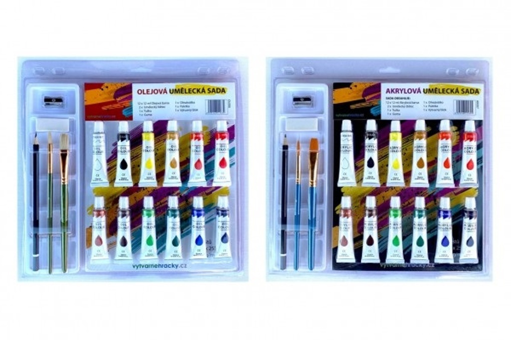 Barvy akrylové 12 ks se štětci 2 ks s blokem a s doplňky