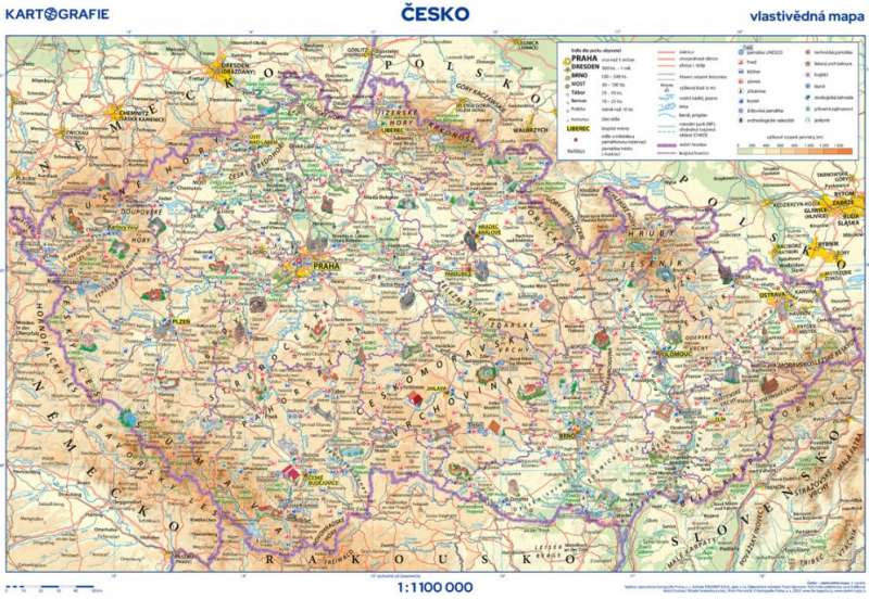 Česko - vlastivědná mapa, 1 : 1 100 000 (obrysová mapa)
