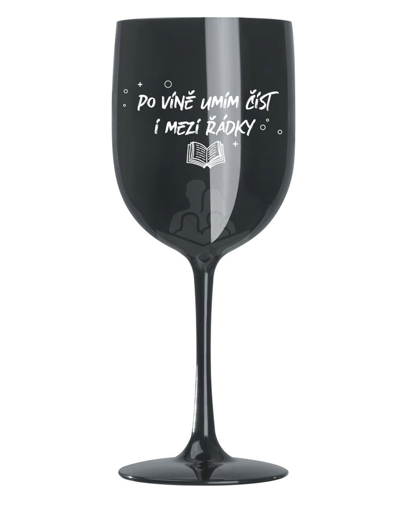 Knihomolská sklenička černá - Po víně umím číst i mezi řádky