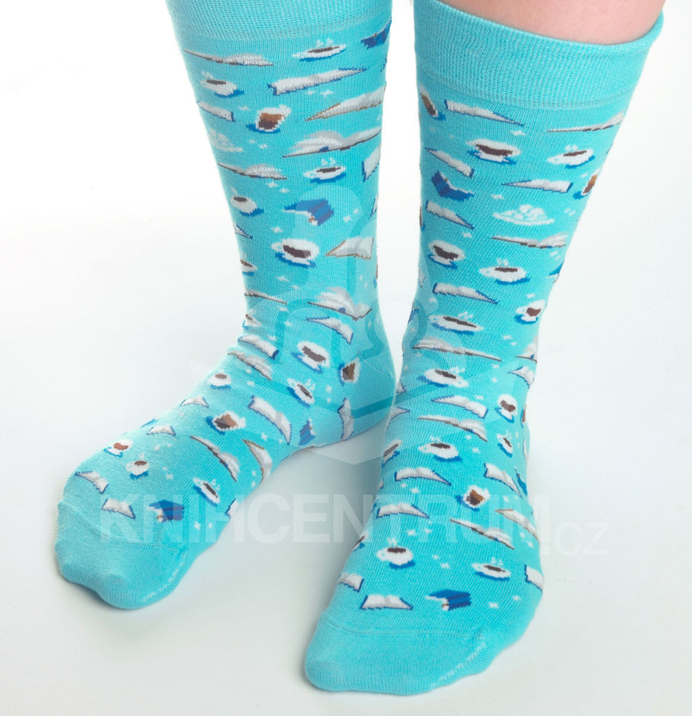 Knihomolské ponožky - světle modré s kávou 35-38