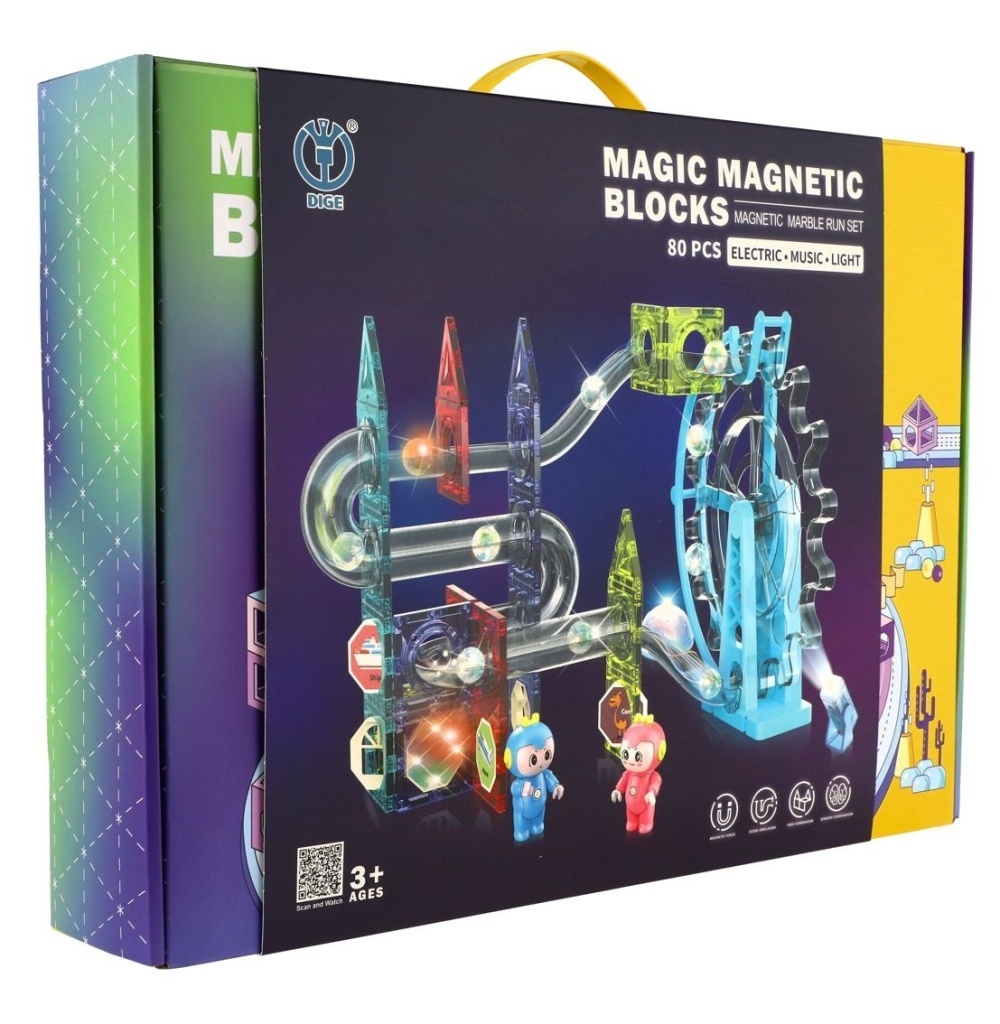 Kuličková dráha magnetická plast 80ks 16 kuliček + doplňky na baterie se světlem