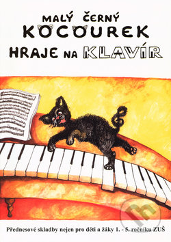Malý černý kocourek hraje na klavír (klavír)