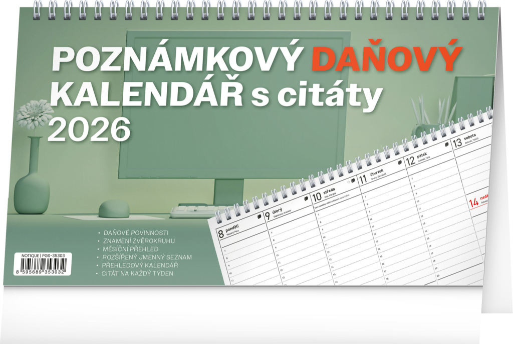 Poznámkový daňový kalendář s citáty 2026 - stolní kalendář