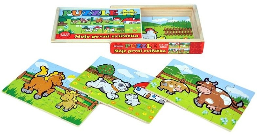 Puzzle Moje první zvířátka dřevěné 4x12 dílků v krabičce