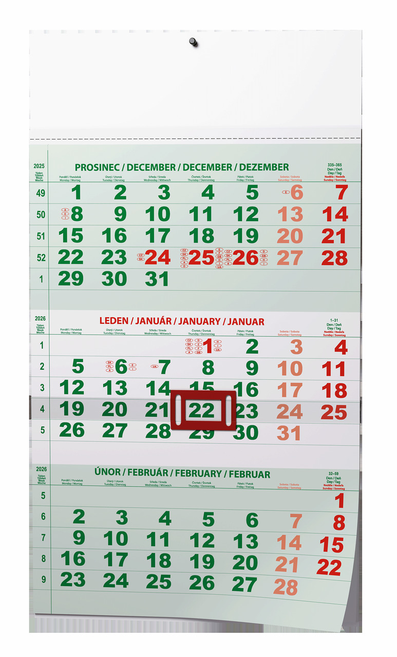 Tříměsíční kalendář 2026 zelený - nástěnný kalendář