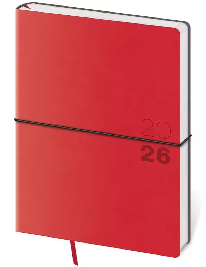 Týdenní diář 2026 B6 Flexio červený s gumičkou